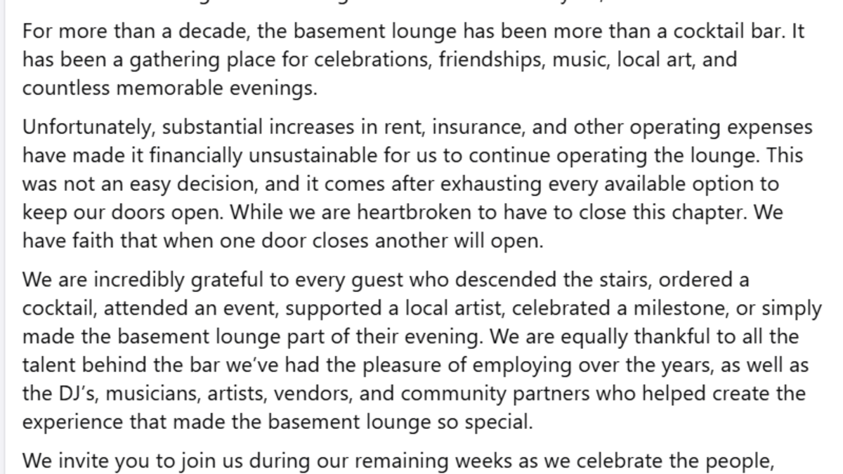 The Basement Lounge in Fort Worth announced their closure in a social media post. The Basement Lounge in Fort Worth announced their closure in a social media post.